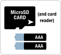 MicroSD Card, MicroSD Reader, and Batteries